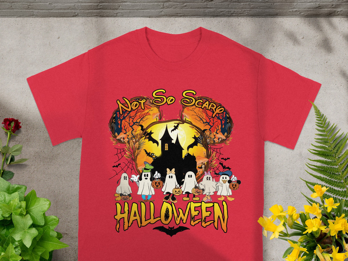 Red t-shirt with cartoon ghosts, haunted house, bats, and "Not So Scary Halloween" text.