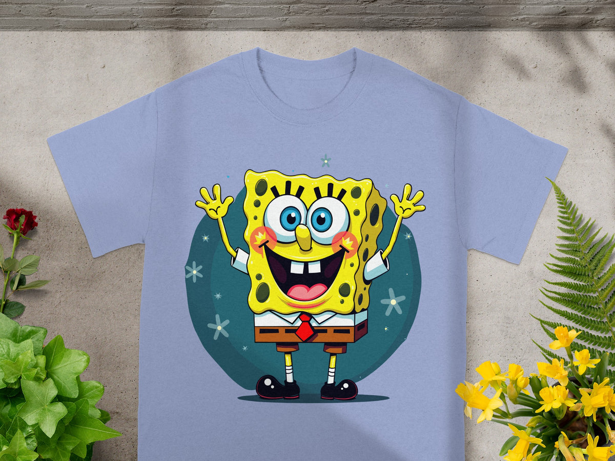 SpongeBob SquarePants on a light purple t-shirt with a blue background.
