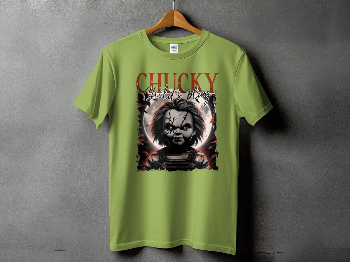 Chucky Child's Play graphic t-shirt with horror doll on light green shirt.
