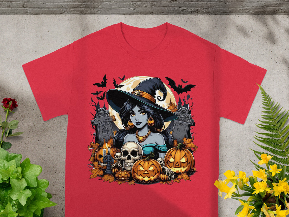 Halloween witch illustration with pumpkins, skulls, bats, and tombstones on a red shirt.
