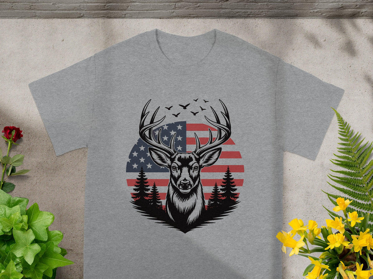 Grey t-shirt with a distressed deer graphic and American flag background.