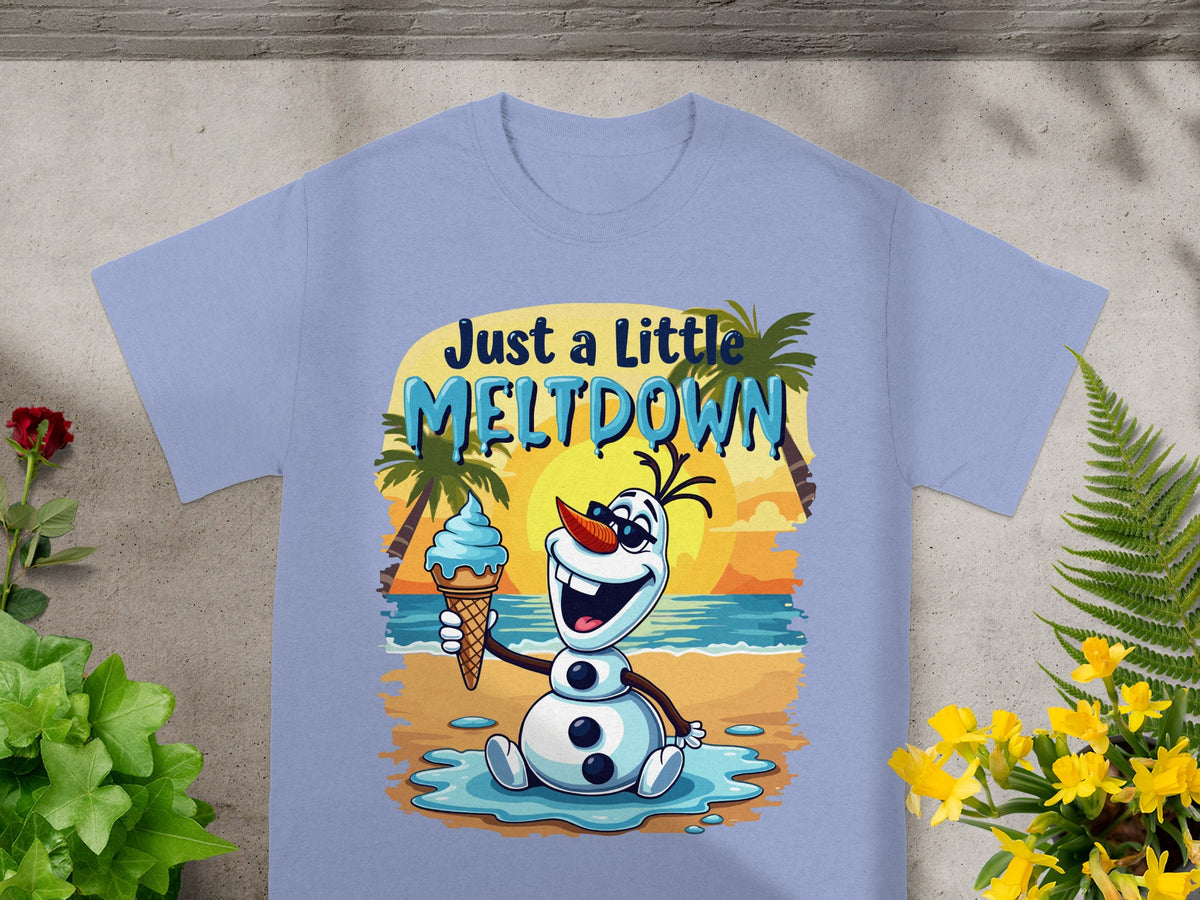 Olaf from Frozen holding an ice cream cone on a beach, text "Just a Little Meltdown".