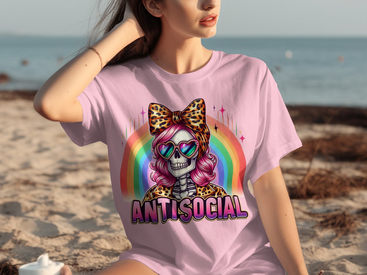 Antisocial Skeleton with Rainbow and Leopard Bow Shirt