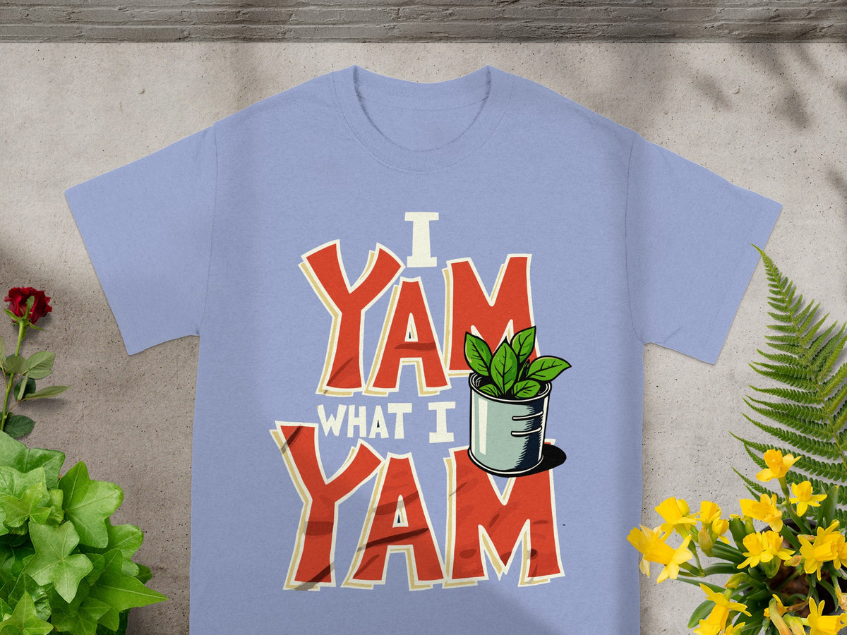 Light blue t-shirt with "I Yam What I Yam" text and potted plant graphic.