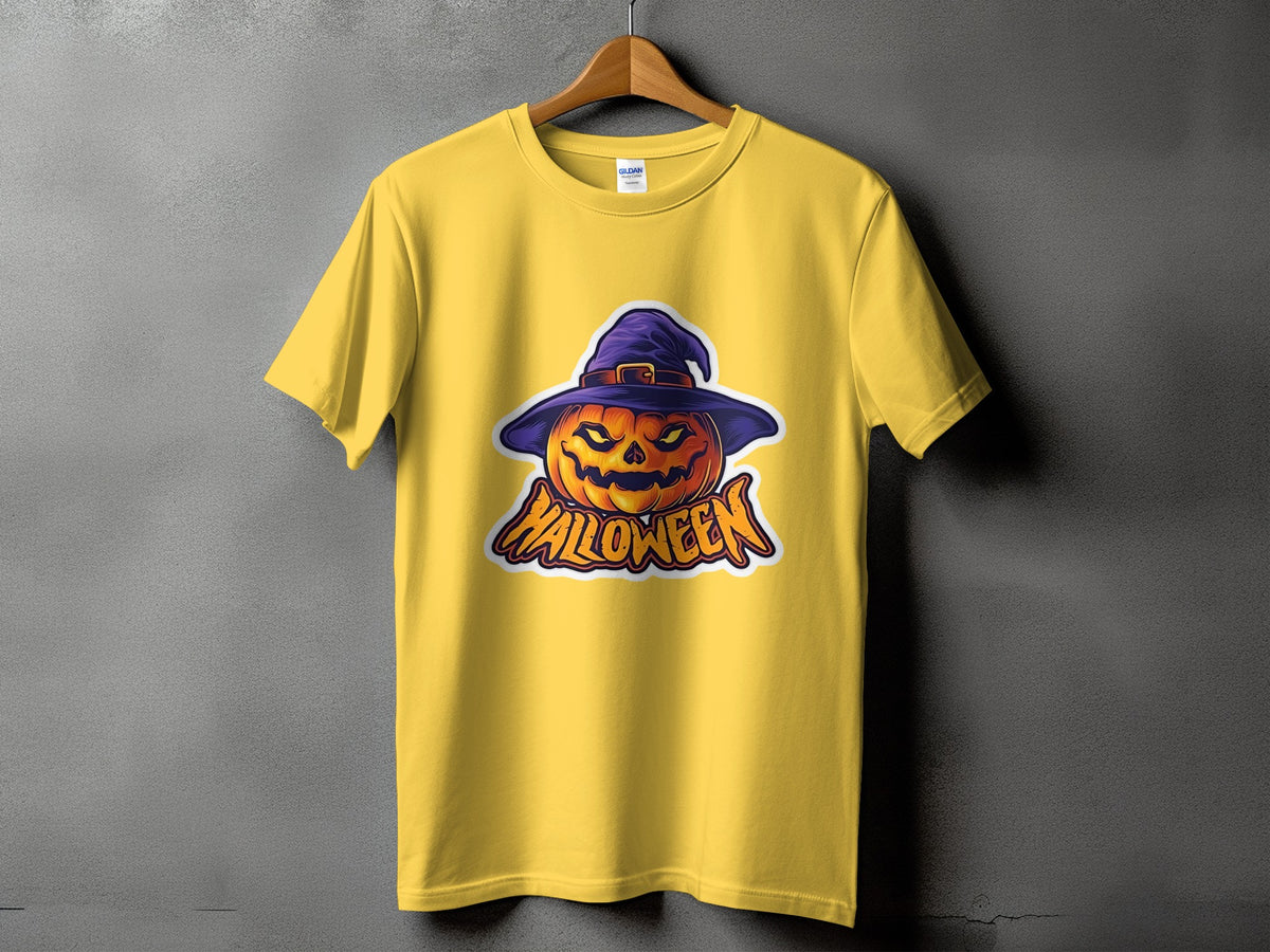 Yellow t-shirt with a cartoon jack-o'-lantern wearing a witch hat and the word "Halloween".