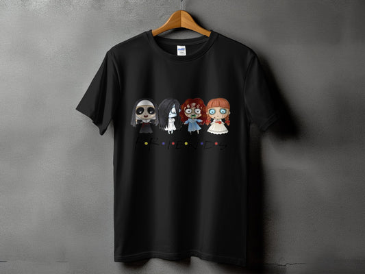 Black t-shirt with horror characters and "Friends" logo.