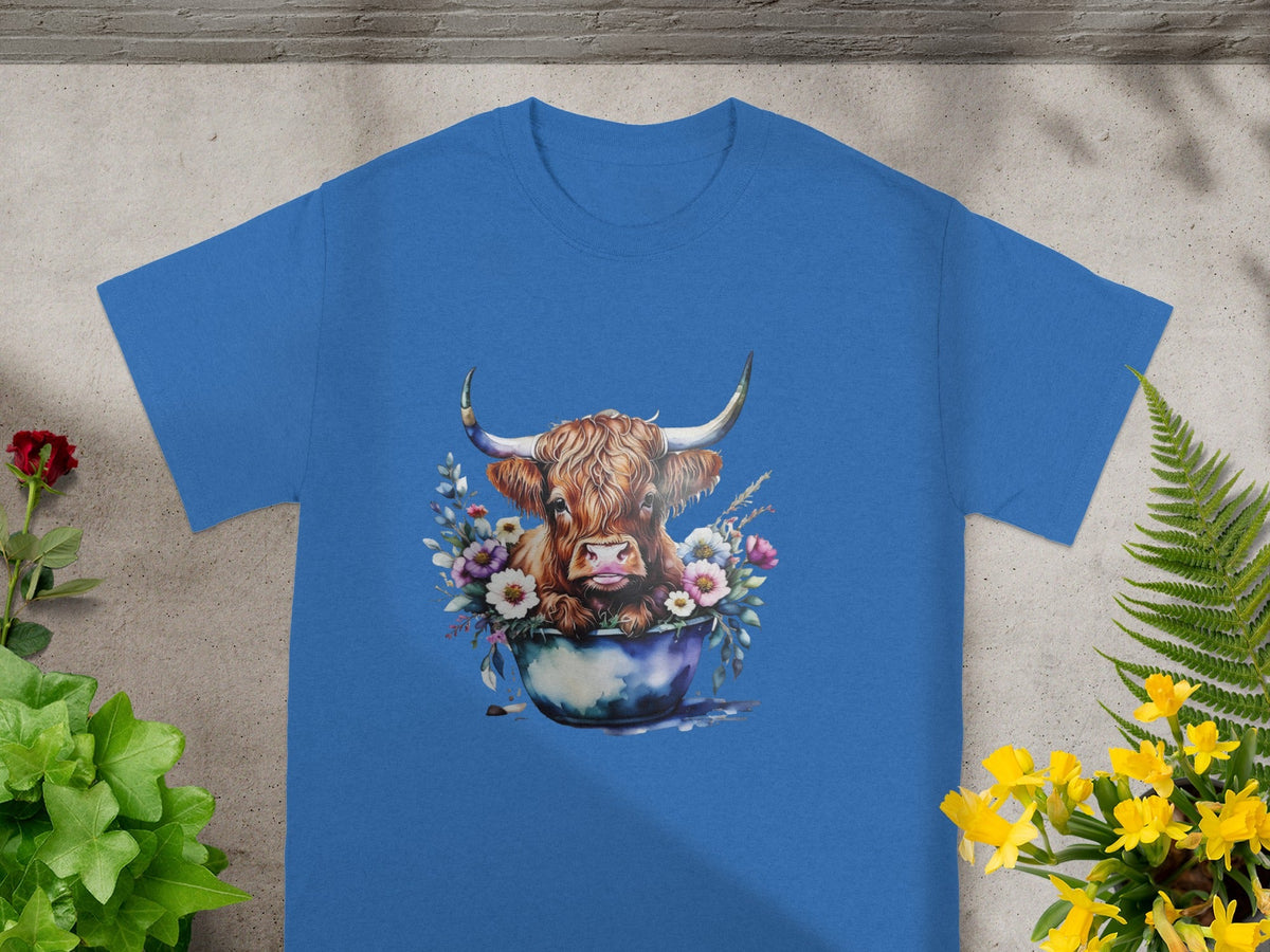 Vibrant Highland Cow and Flowers T-shirt for Animal Lovers