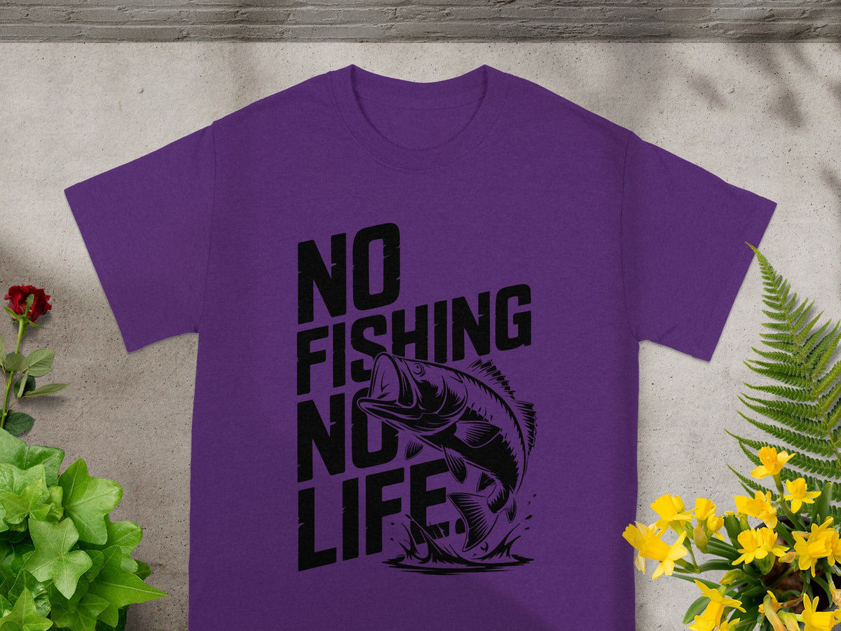Purple t-shirt with black graphic of a leaping fish and text "No Fishing No Life".