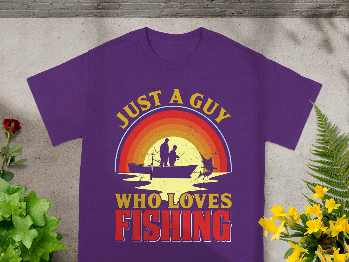 Purple t-shirt with "Just A Guy Who Loves Fishing" graphic.
