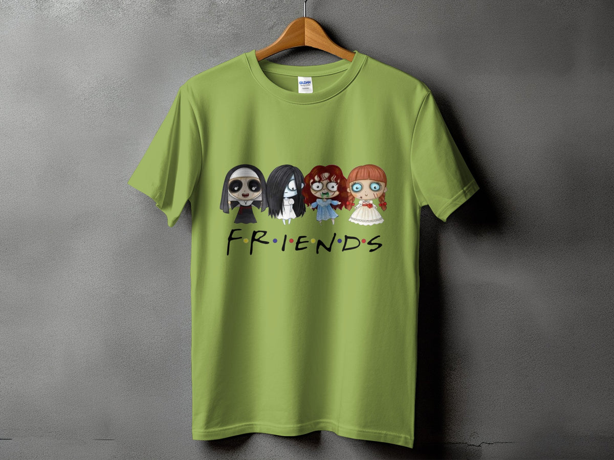 Green t-shirt with cartoon horror dolls and the word "FRIENDS".