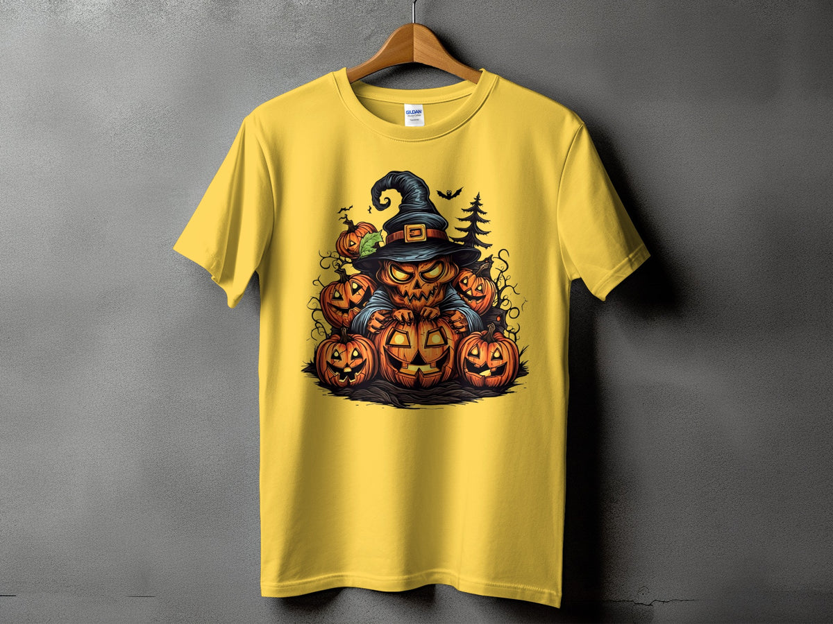 Yellow t-shirt with a Halloween design featuring a grinning jack-o'-lantern character.