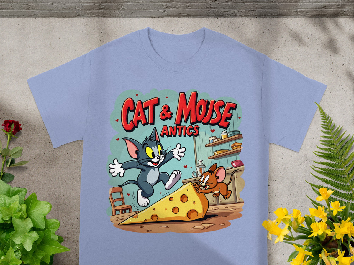 Tom and Jerry jumping over a large wedge of cheese, Cat & Mouse Antics t-shirt.
