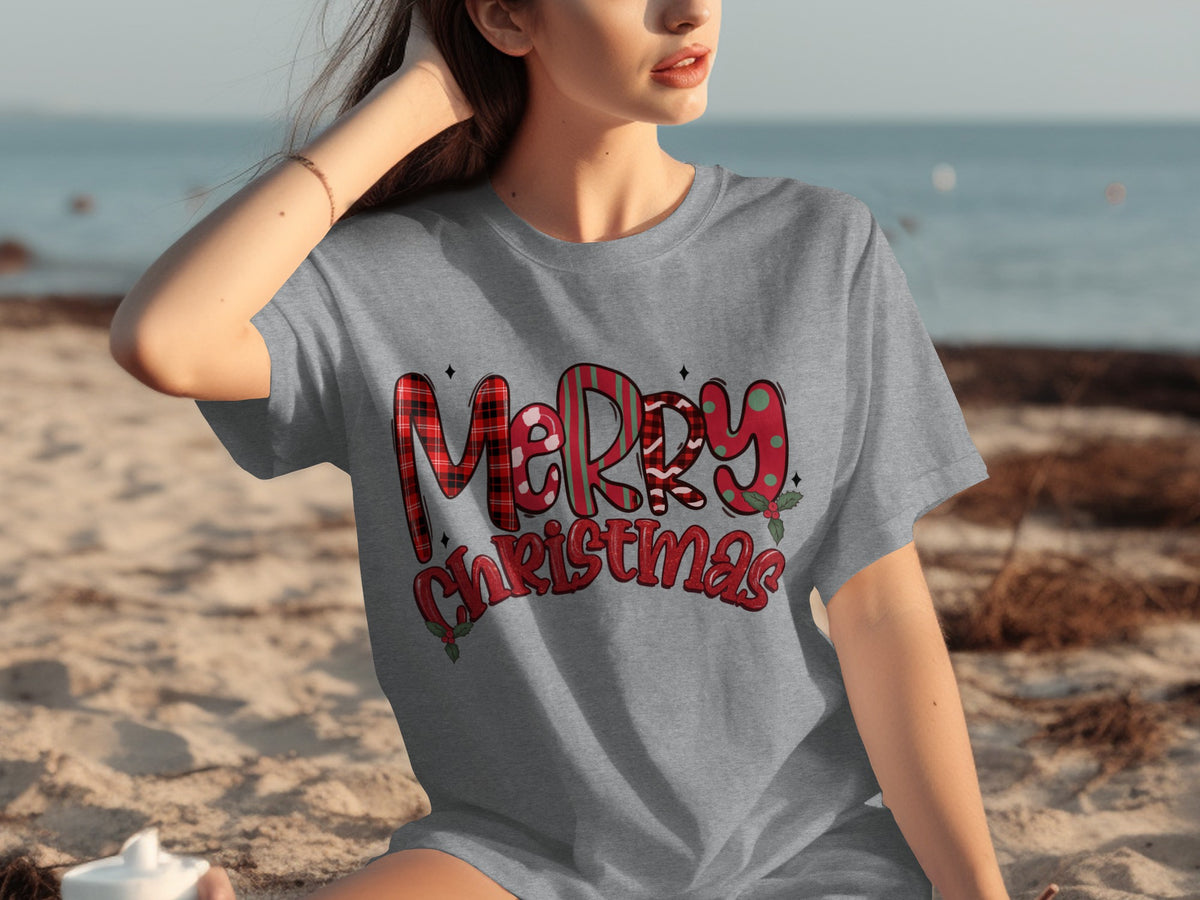 Merry Christmas Plaid Letters Festive Graphic Shirt