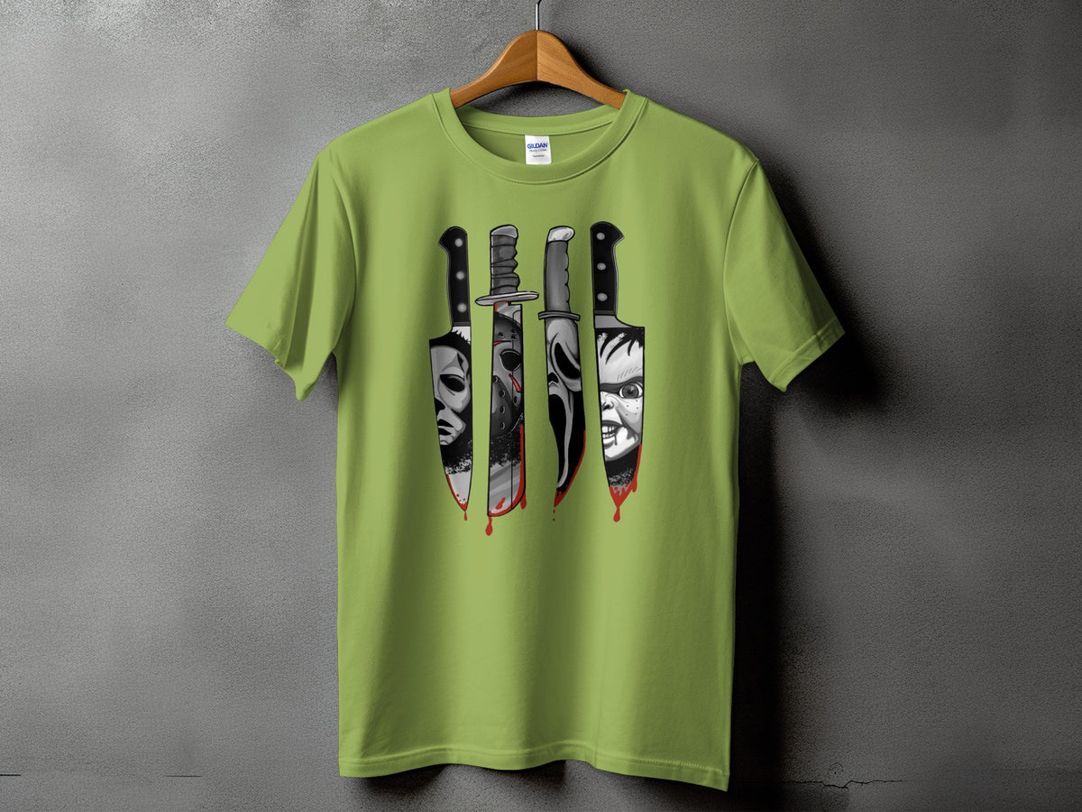 Green t-shirt with horror movie villains depicted on knives.