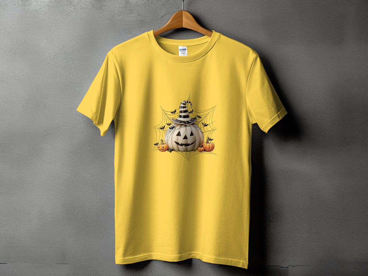 Yellow t-shirt with a Halloween pumpkin graphic and bats on a web.