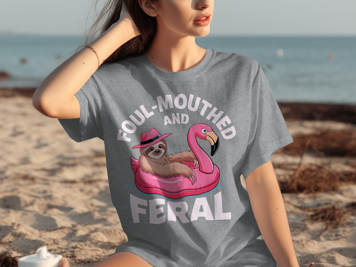 Foul-Mouthed and Feral Sloth with Flamingo T-shirt