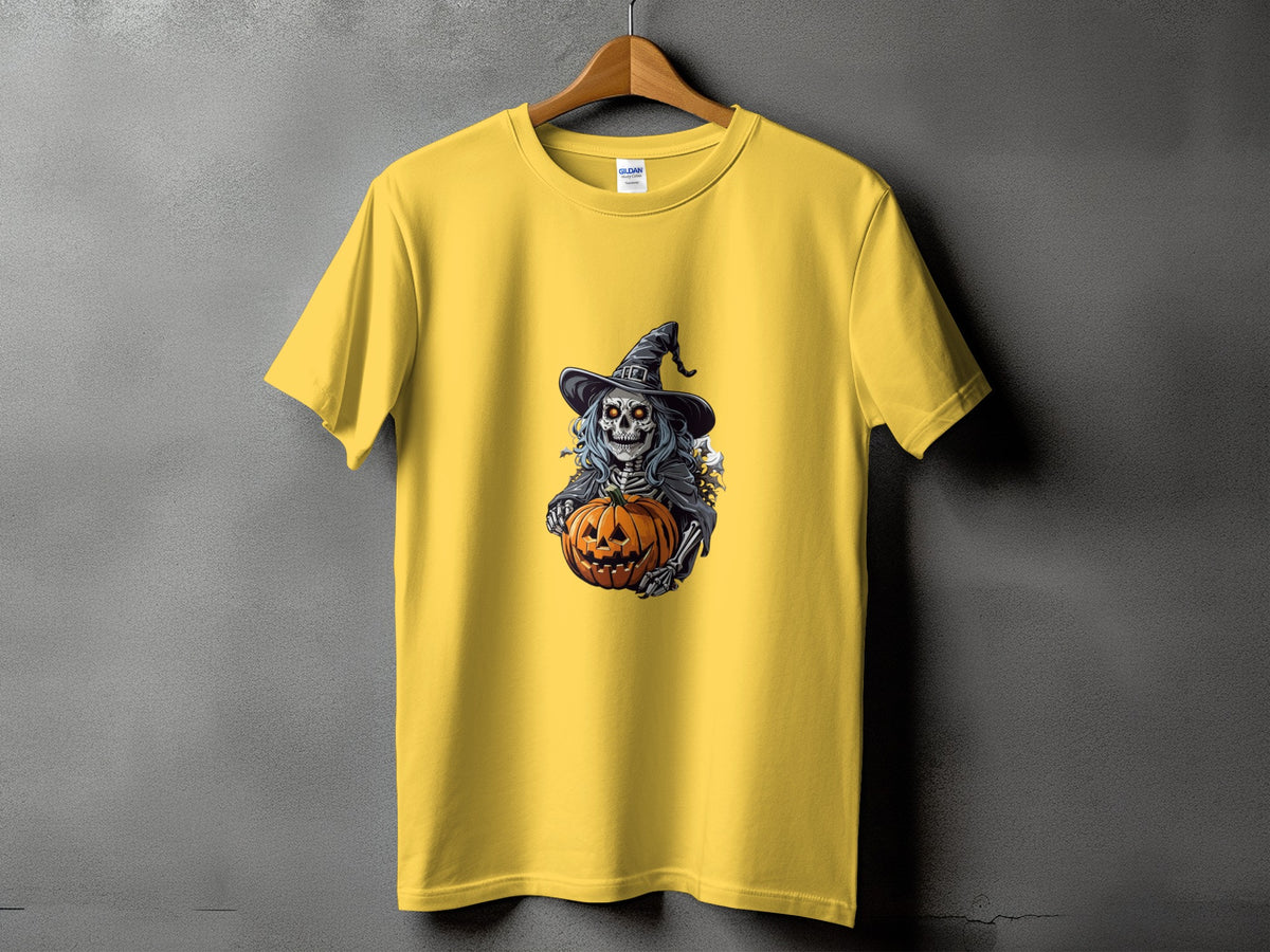 Yellow t-shirt with a skeleton witch holding a carved pumpkin graphic.