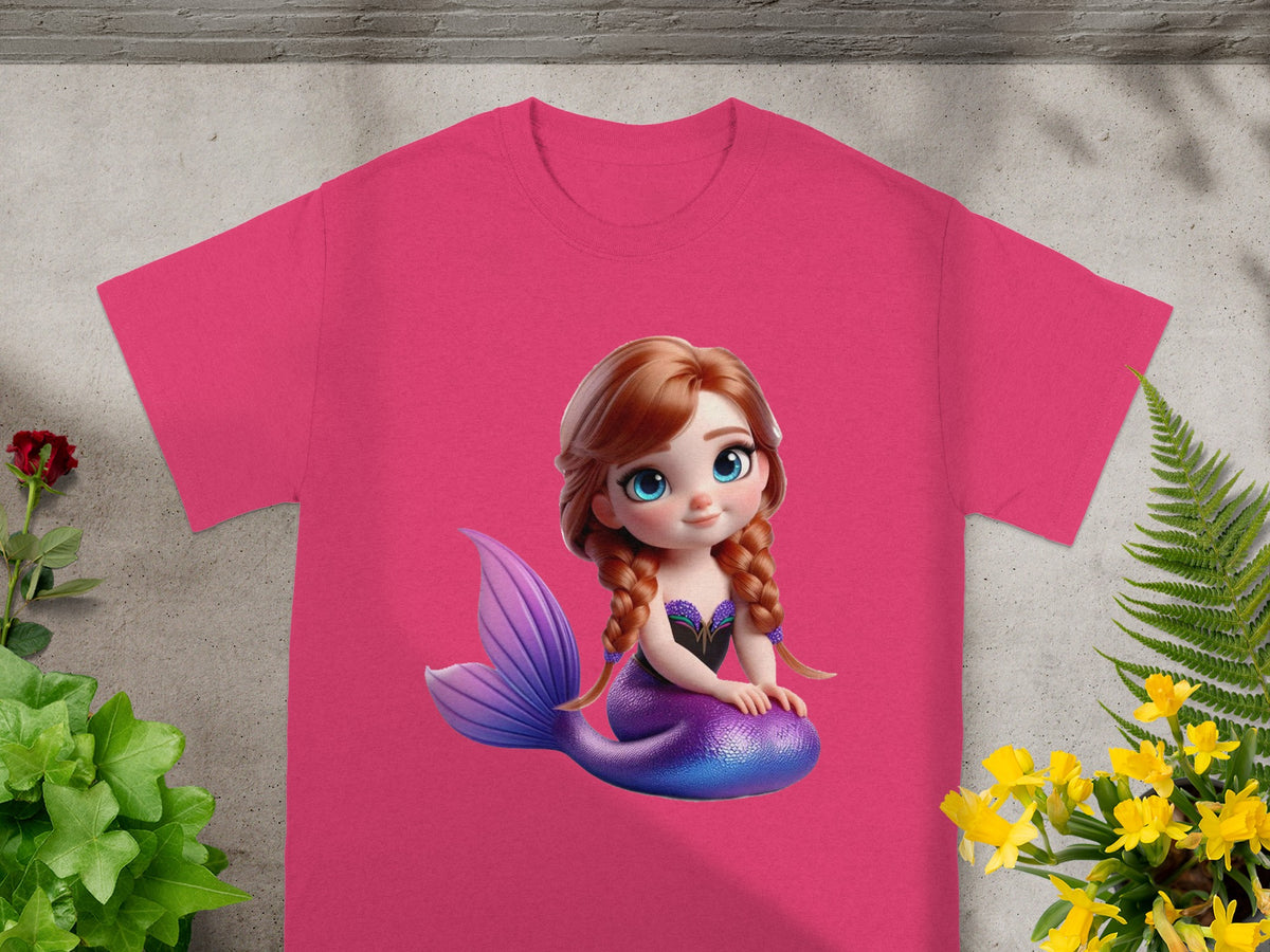 Pink t-shirt with cartoon mermaid graphic.
