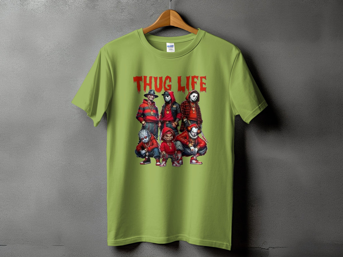 Light green t-shirt with "THUG LIFE" text and horror characters.