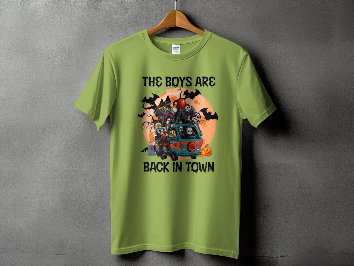 Light green t-shirt with horror characters in a van and text: "THE BOYS ARE BACK IN TOWN."