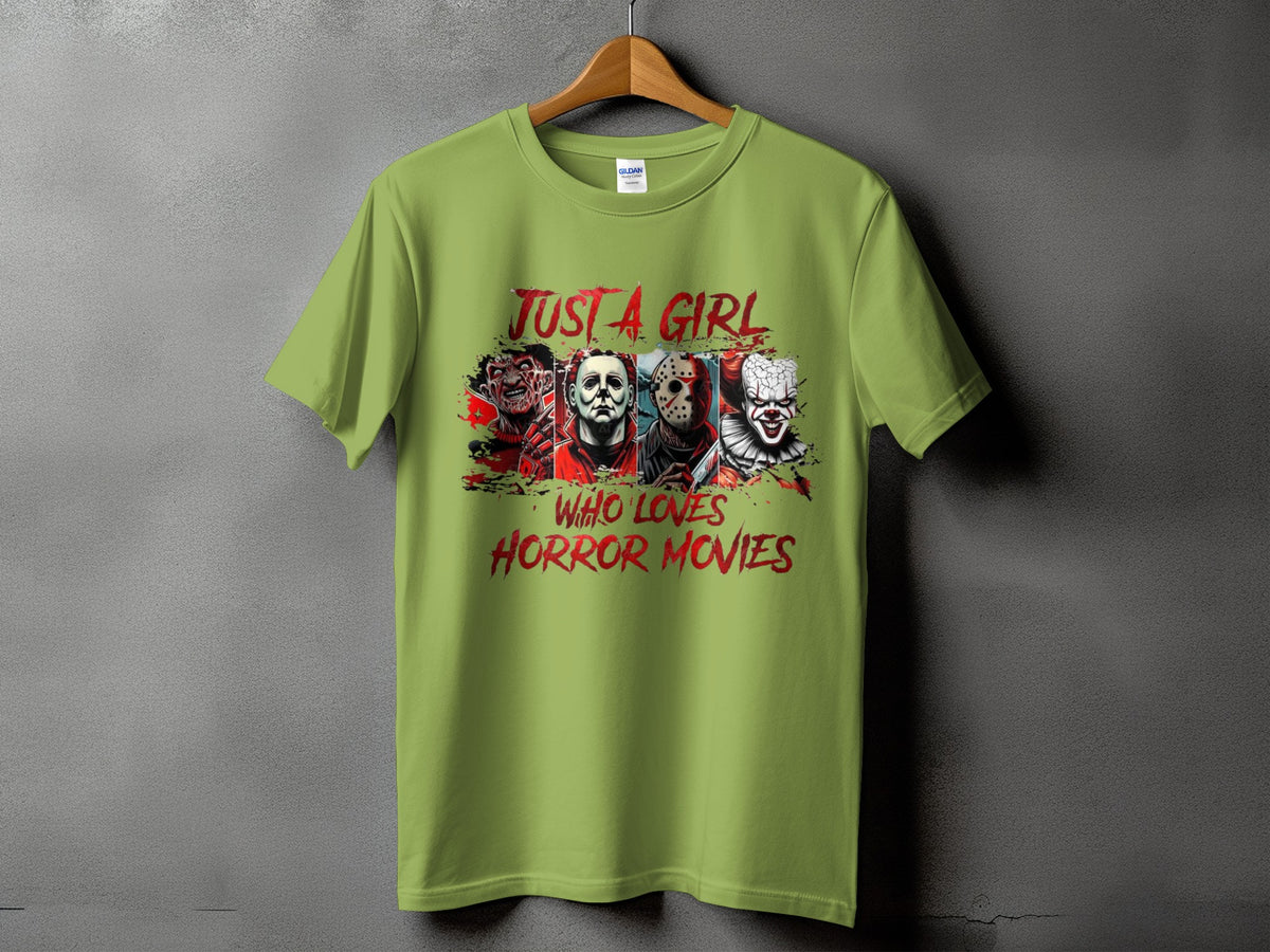 Light green t-shirt with "Just a Girl Who Loves Horror Movies" and horror characters.