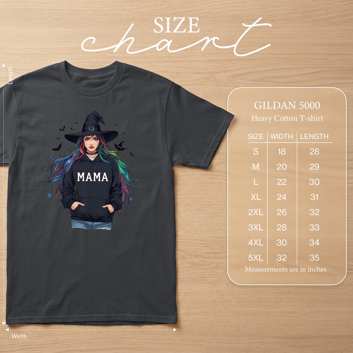 Dark grey Gildan 5000 heavy cotton t-shirt with "MAMA" graphic and size chart.
