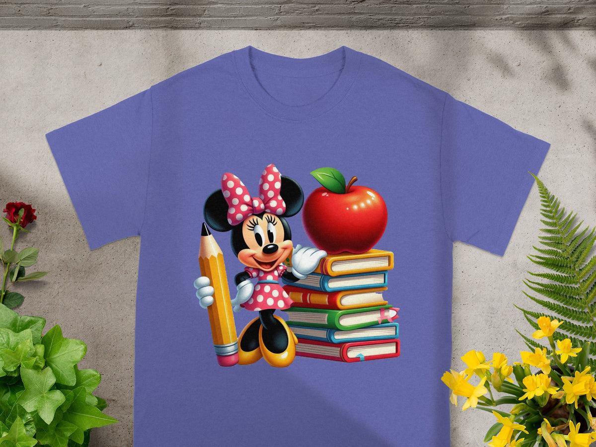 Minnie Mouse with pencil standing beside stack of books and apple.