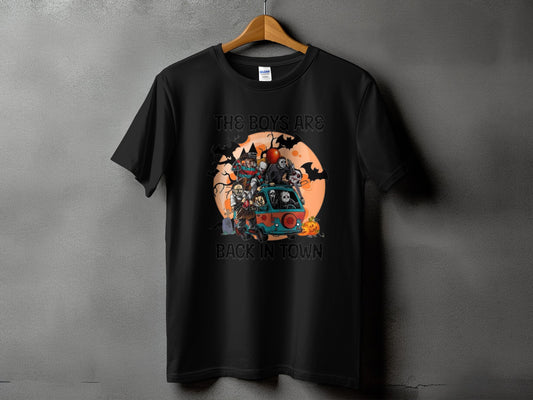 Black t-shirt with horror characters in a van and text "The Boys Are Back In Town".
