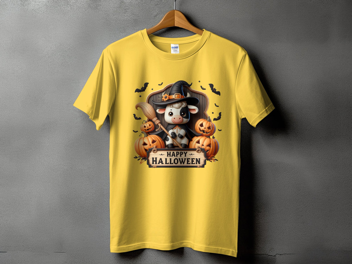 Yellow t-shirt with a Halloween cow graphic and "Happy Halloween" text.