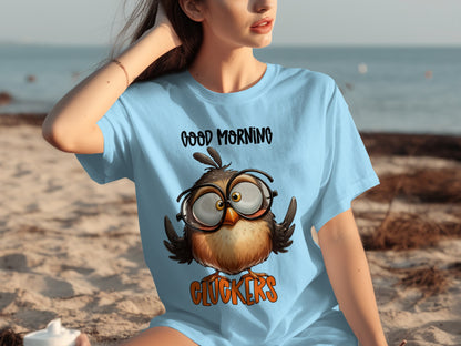 Good Morning Cluckers Funny Owl Graphic Print T-Shirt