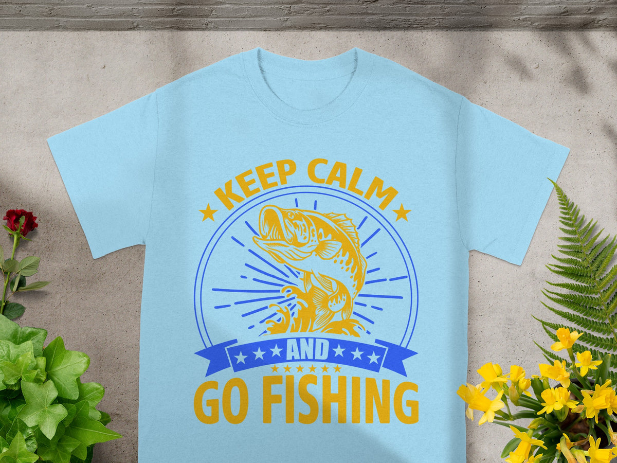 Light blue t-shirt with yellow "Keep Calm and Go Fishing" text and fish graphic.