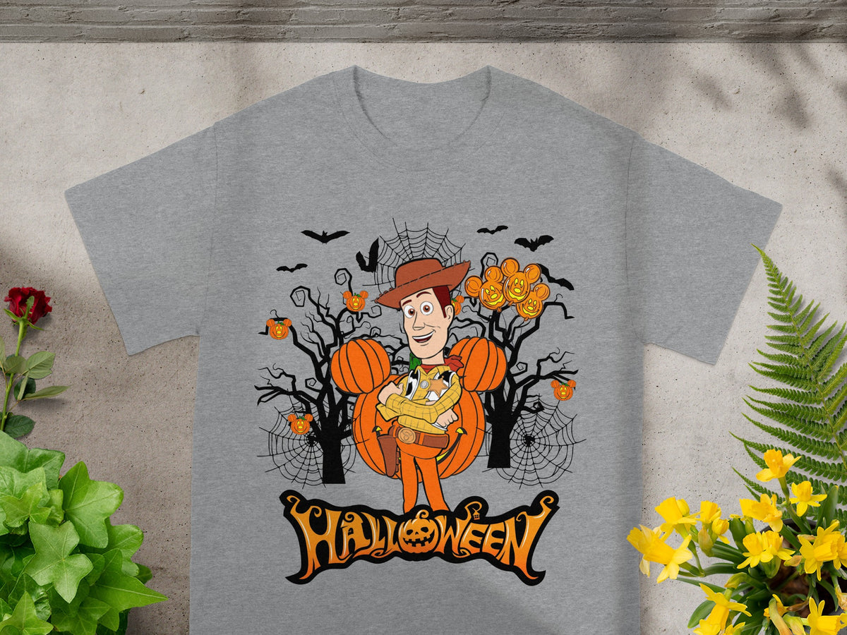 Grey t-shirt with Woody from Toy Story in a Halloween scene with pumpkins and bats.