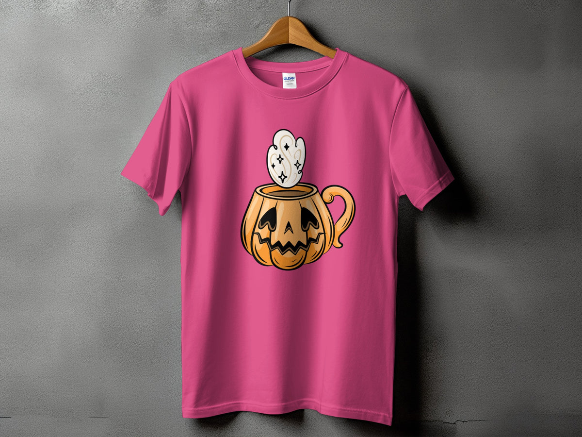 Pink t-shirt with a jack-o'-lantern mug graphic with steam.