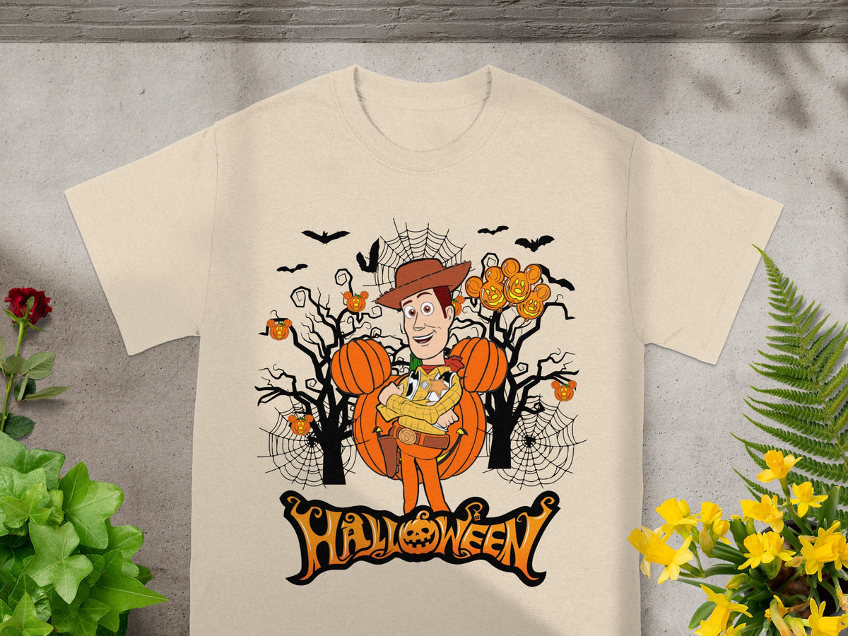 Woody in Halloween-themed graphic with pumpkins and bats and "Halloween" text.