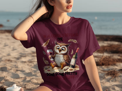 Funny Owl With Wine In Alcohol's Defense T-shirt