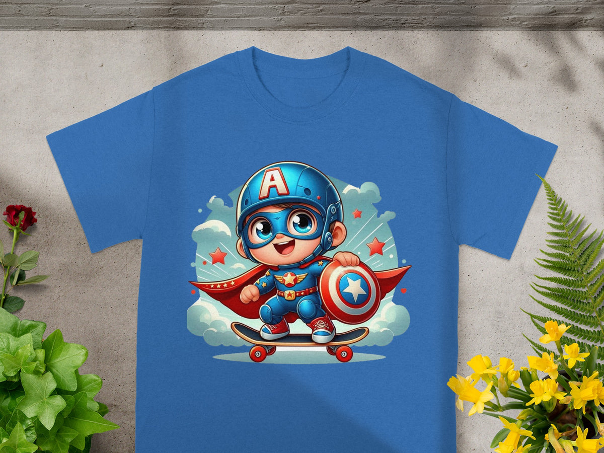 Cartoon superhero with shield and cape riding a skateboard.