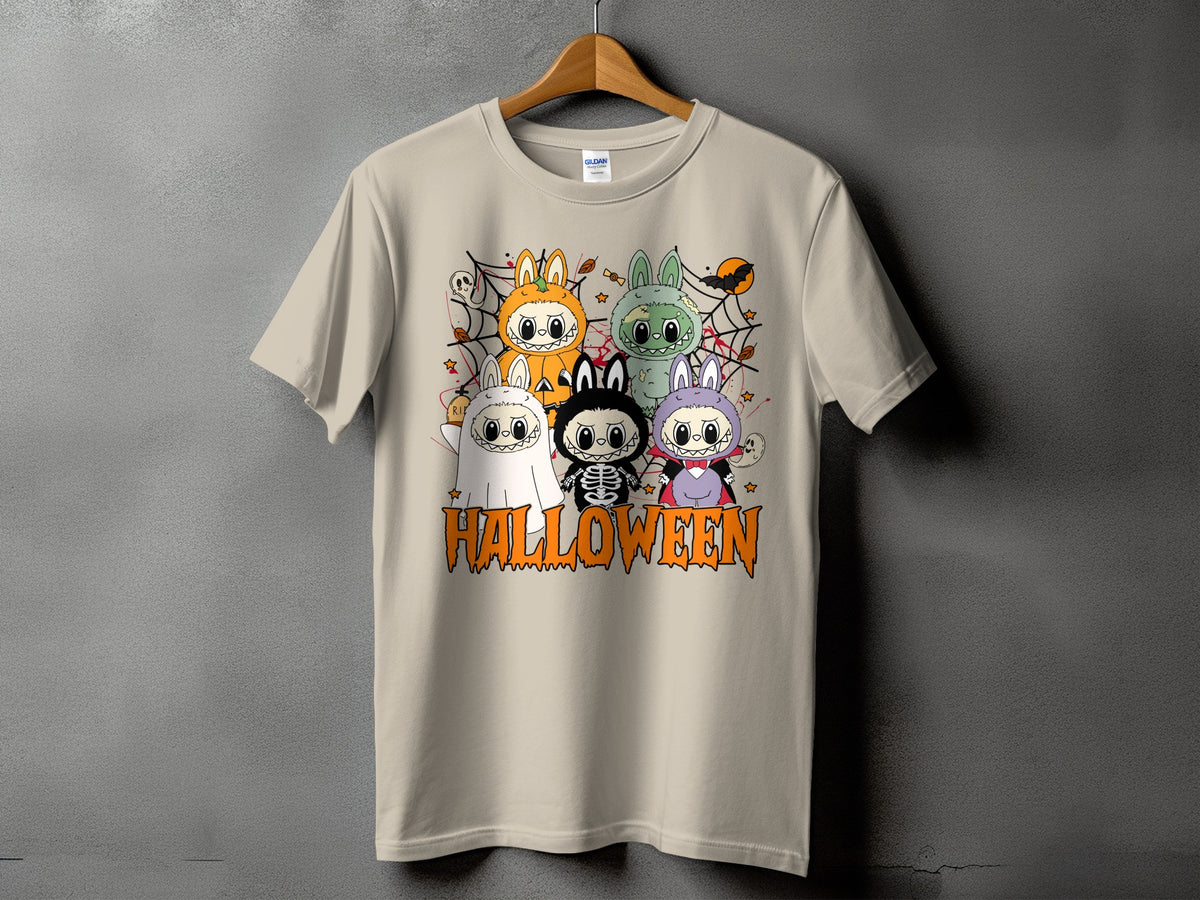 T-shirt with cartoon Halloween characters dressed as ghosts, vampires, skeletons, and pumpkins.