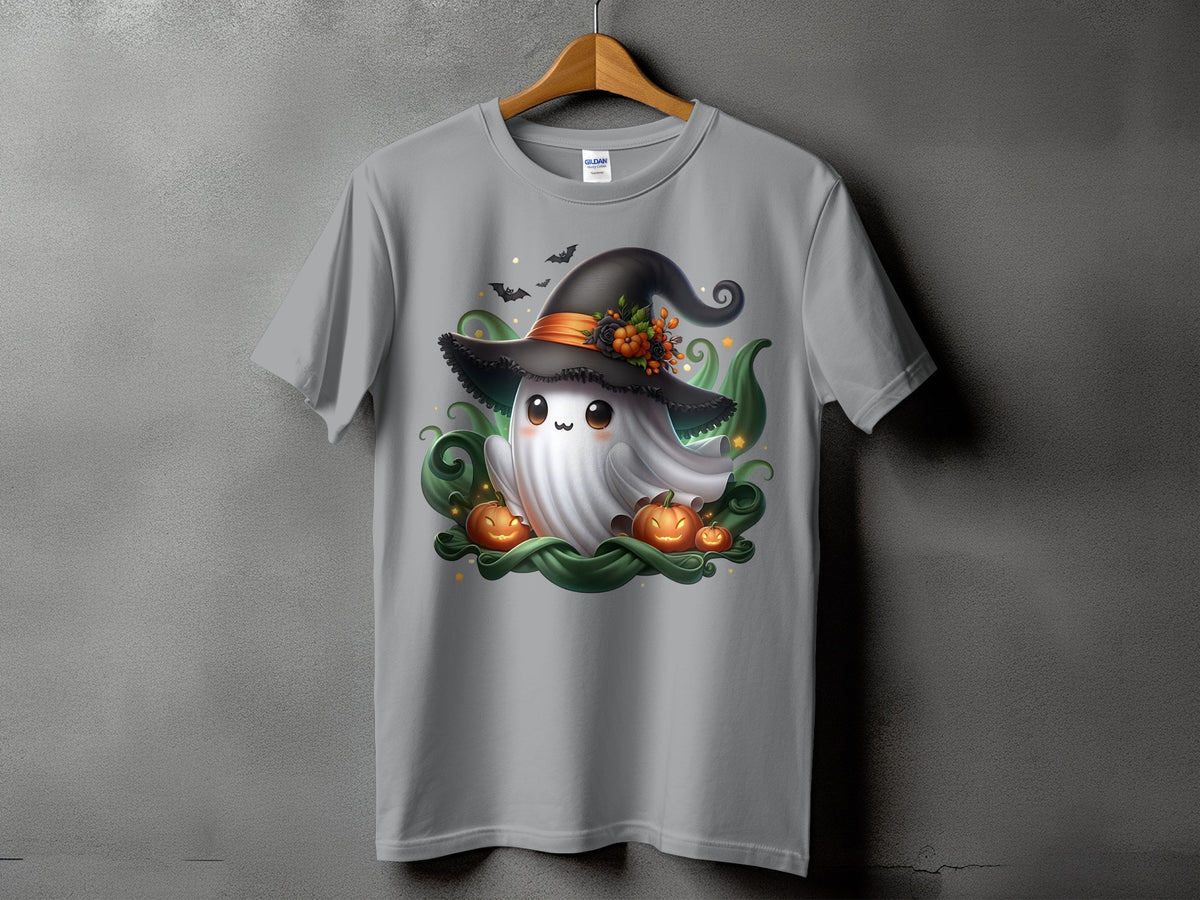 Grey t-shirt with a cute ghost wearing a witch hat and surrounded by pumpkins.