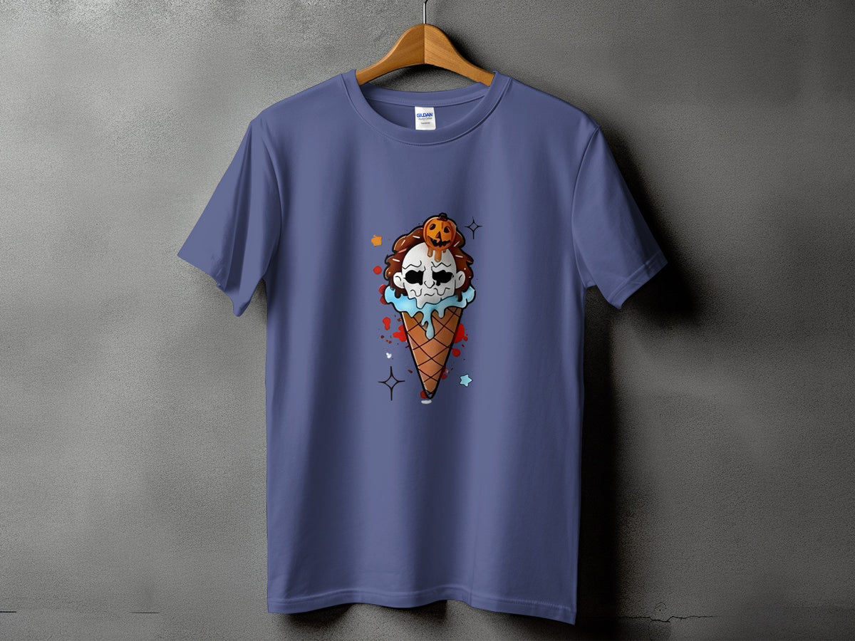 T-shirt with a Halloween ice cream cone graphic featuring a skull and pumpkin.