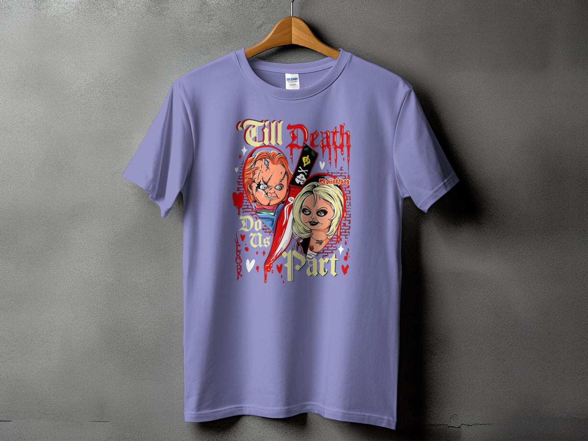 Purple t-shirt with Chucky and Tiffany dolls and text "Till Death Do Us Part".