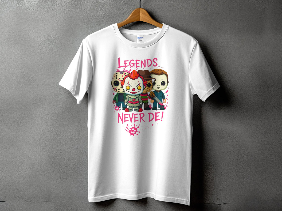 White t-shirt featuring horror characters and the text "LEGENDS NEVER DE!"