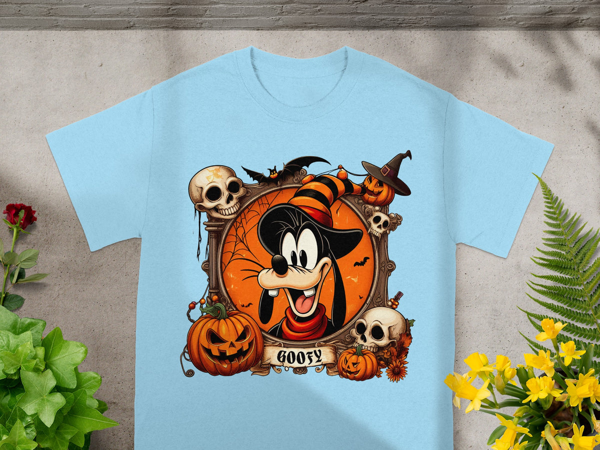 Goofy Halloween graphic with pumpkins, skulls, bats, and text "Goofy"