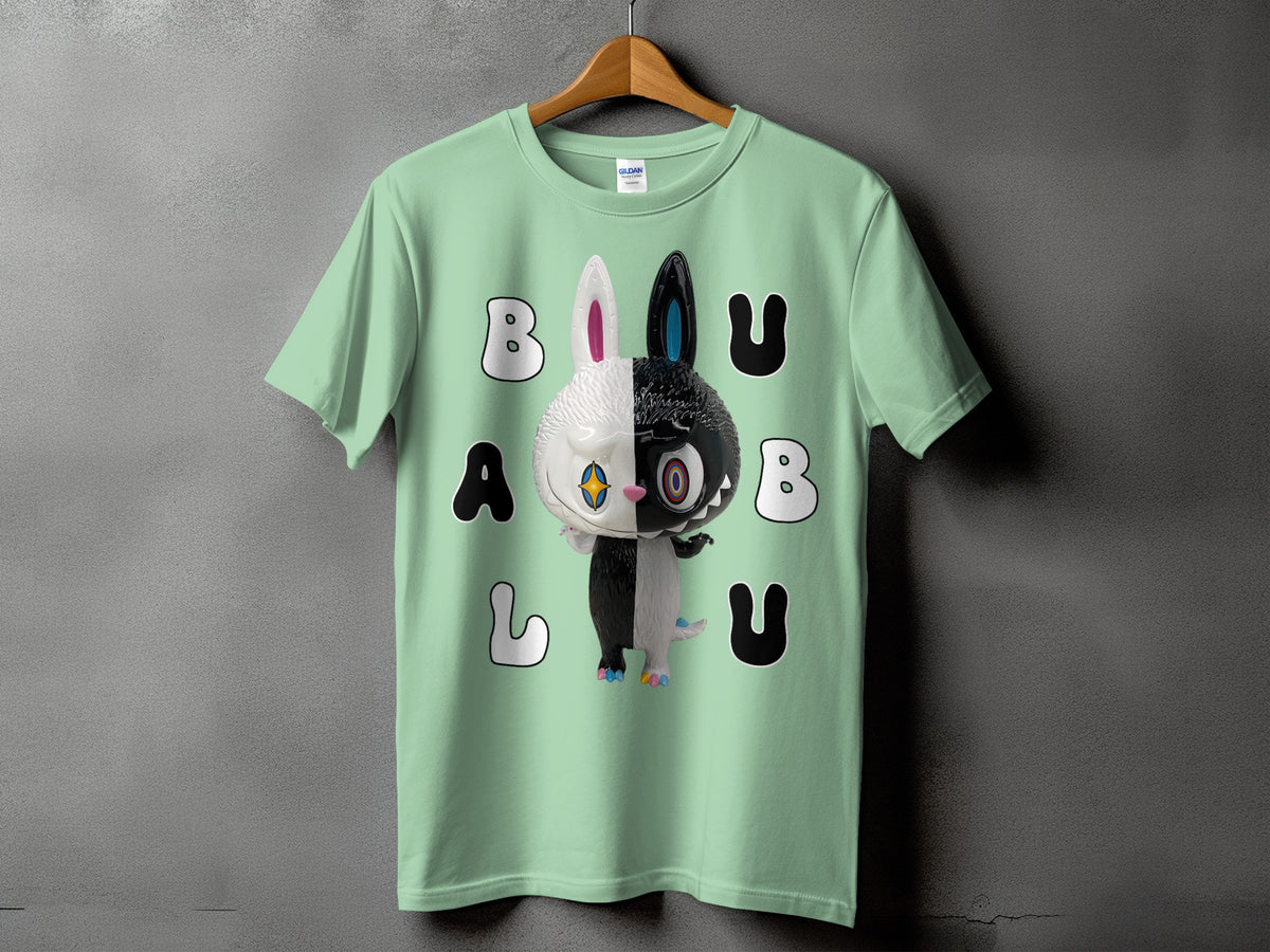 Mint green t-shirt with a black and white half-and-half character and large letters.
