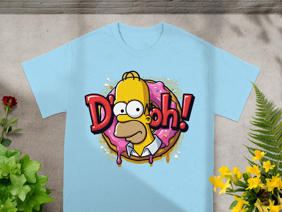 Light blue t-shirt with Homer Simpson saying "D'oh!" over a pink donut.