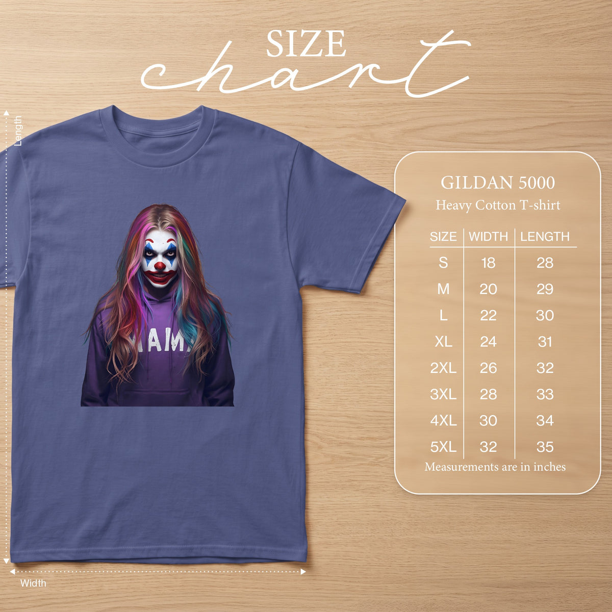 Purple t-shirt with a clown graphic and Gildan 5000 size chart.