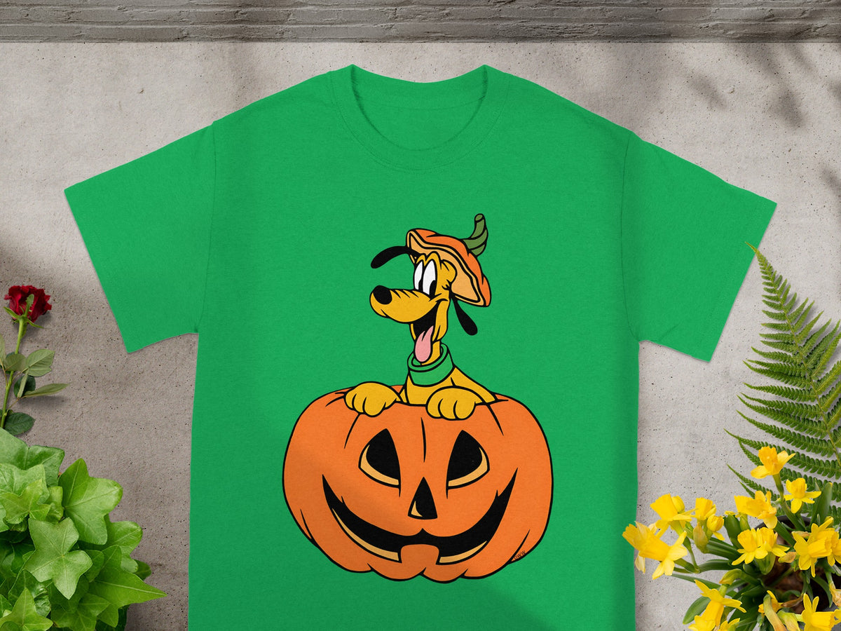 Green t-shirt with Pluto peeking out of a jack-o'-lantern.