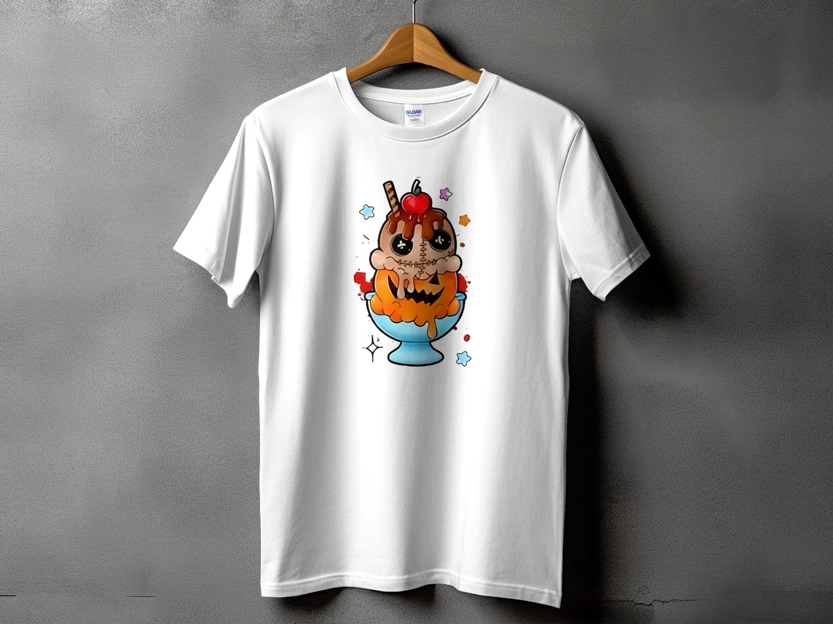 White t-shirt with cartoon ice cream sundae in a pumpkin bowl graphic.