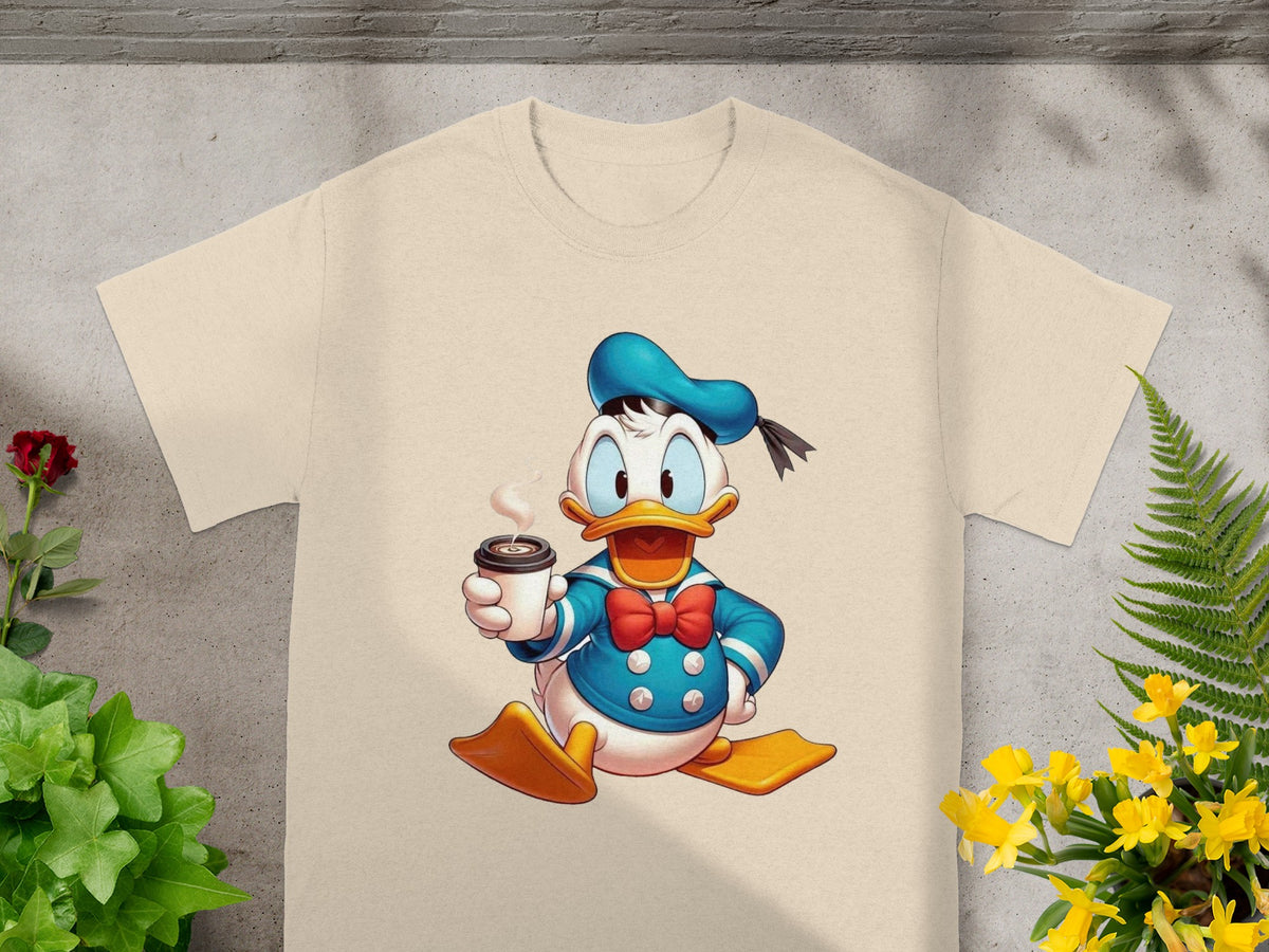 Donald Duck wearing a sailor outfit holds a cup of coffee.