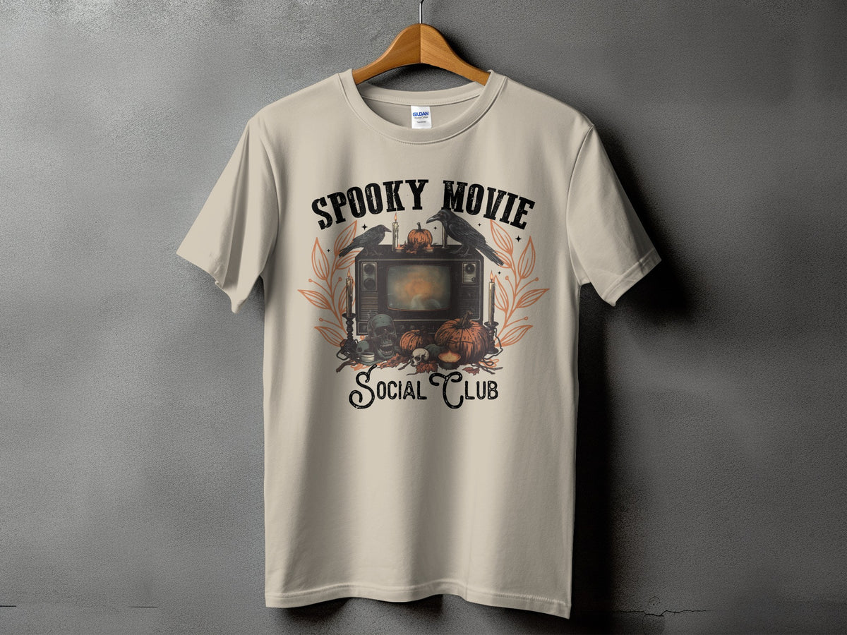 T-shirt with "Spooky Movie Social Club" text and Halloween graphic.