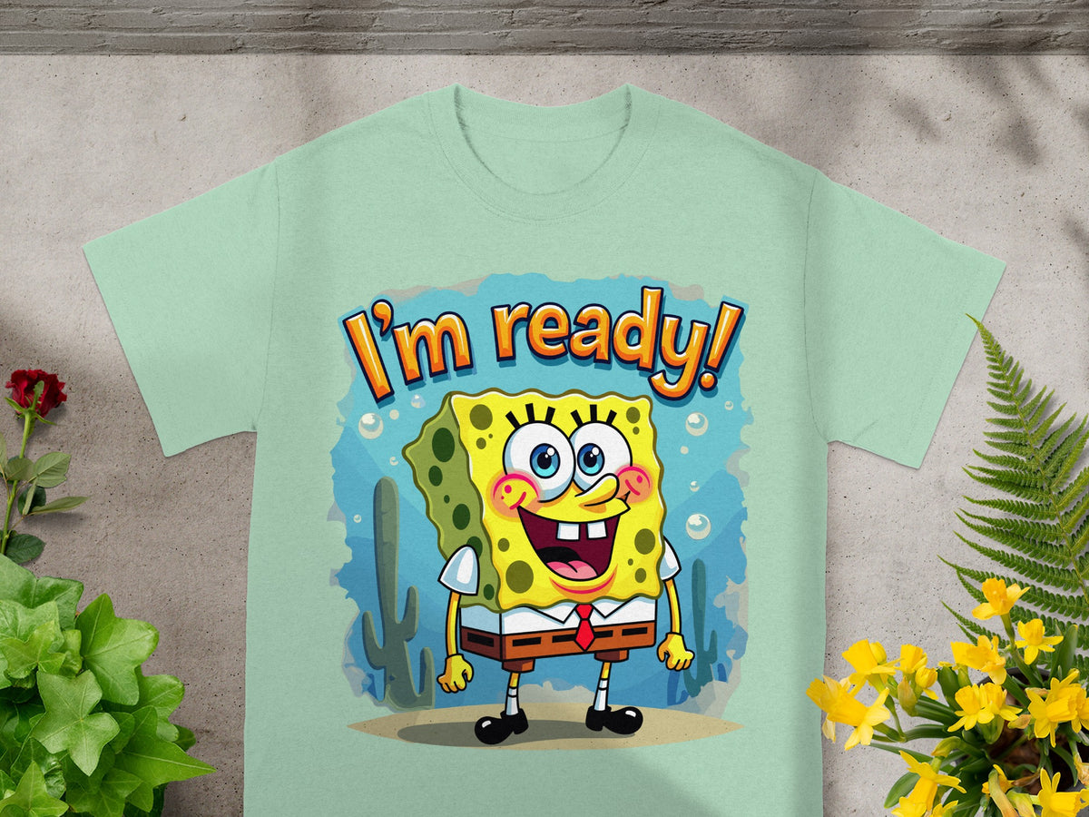 Mint t-shirt with Spongebob Squarepants graphic and "I'm ready!" text.